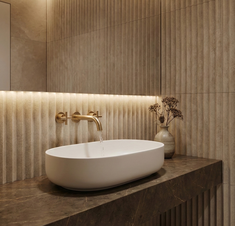 elegancka umywalka ze złotym kranem złot armatura łazienkowa